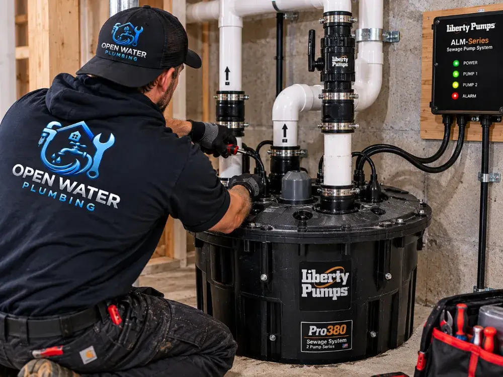 Open Water Plumbing installing a sewage pump basin and alarm panel