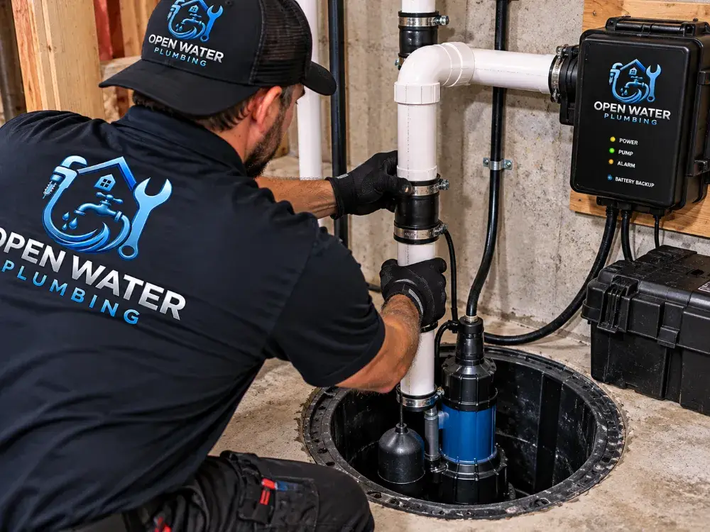 Open Water Plumbing installing a sump pump with a battery backup panel