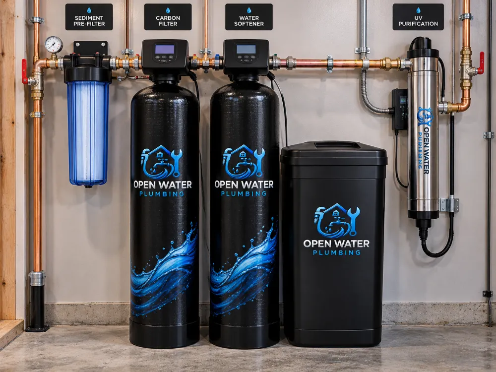 Whole-house filtration, softener and UV system plumbed in a garage